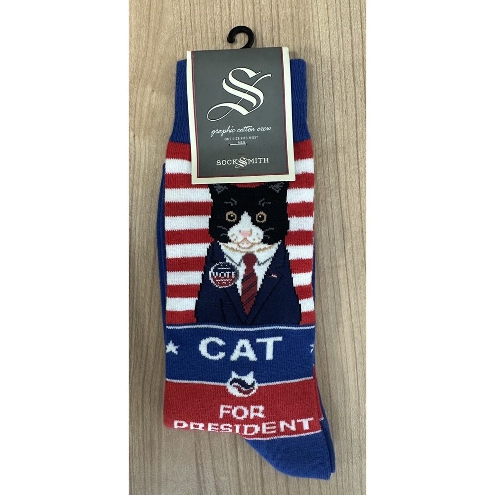 NEW Sock Smith Mens Socks OSFM Cat President Cotton Blend Patriotic Feline
